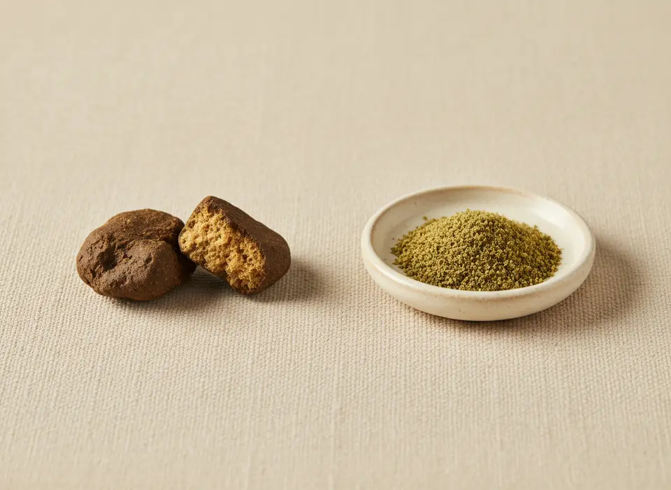 Zweiteiliges Symbolbild: links gepresstes Hasch, rechts loses Kief auf beigem Hintergrund.