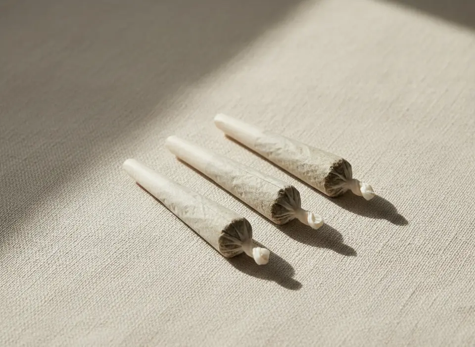 Drei ungezündete Pre-Rolls auf hellem Leinen, Symbolbild.